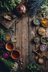 Abundant Herbal Tea on Wooden Table