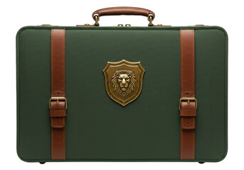 Isolated Green Briefcase with Leather Straps and Lion Emblem, Vintage Travel Luggage