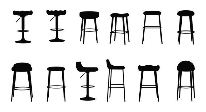 Various bar stool designs presented in a simple black and white silhouette