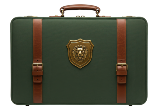Isolated Green Briefcase with Leather Straps and Lion Emblem, Vintage Travel Luggage