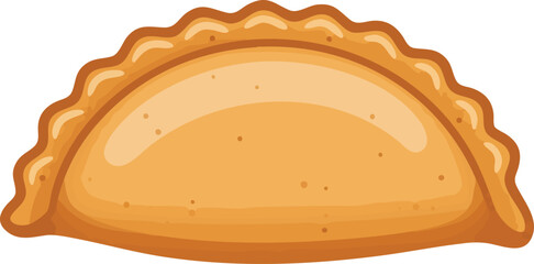 A golden-brown, crescent-shaped pastry with a crimped edge, likely a baked empanada or turnover.