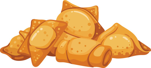 A cartoon illustration of a pile of golden fried Asian appetizers, including crispy wontons and spring rolls.