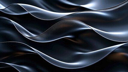 Fototapeta premium Shiny Metallic Ribbon Waves Flowing on Dark Surface, Elegant Abstract Fluid Pattern with Smooth Reflective Gradient Texture
