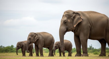 Naklejka premium Family of Asian Elephants in a Lush Meadow.