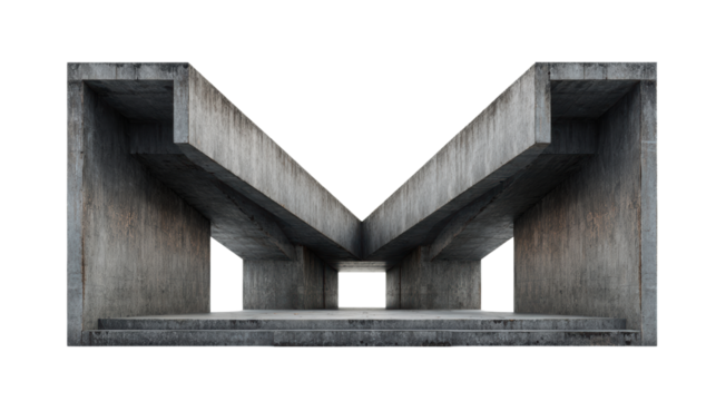 Abstract concrete structure, designed with geometric precision, isolated on a white background.