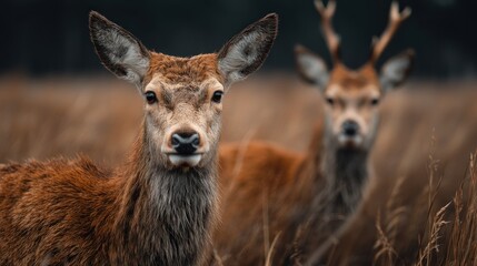 Two Red Deer Gazing from the Autumnal Meadow, Tranquil Wildlife Scene