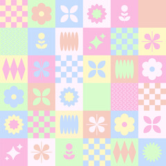 Pastel flower cute repeat pattern geometric shapes checkerboard soft color seamless spring retro abstract floral decorative cheerful design for fabric and wallpaper
