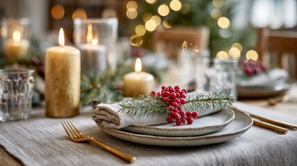 A table with a white plate, a napkin, and a fork and knife