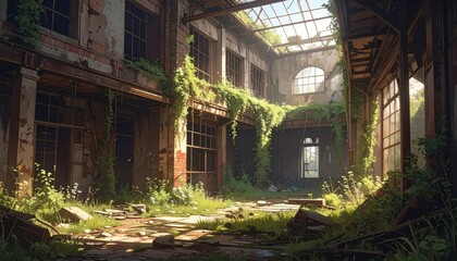 Naklejka premium Overgrown Ruins with Pixel Art Style Featuring Green Foliage and Decaying Brickwork Under a Partially Cloudy Sky