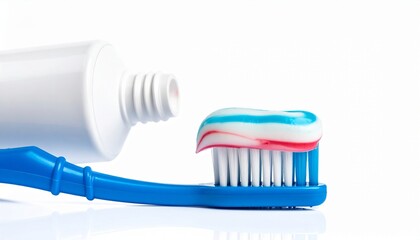 Fresh new colorful toothpaste swirled perfectly atop toothbrush. Beside, sleek white toothpaste tube on white background