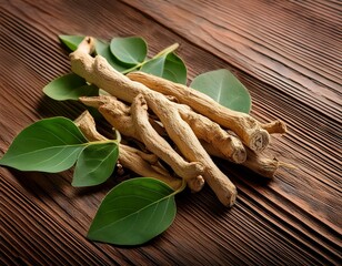 minimalist closeup of ashwagandha roots and leaves on wooden surface