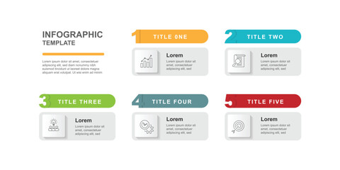 5 step table process infographic template with paper style and icons