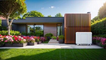 a sleek air conditioning unit stands beside a modern home surrounded by lush green lawn and vibrant flower beds embodying the essence of comfortable living
