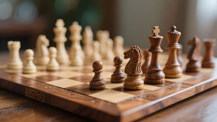 Classic Wooden Chessboard with Chess Pieces against a background