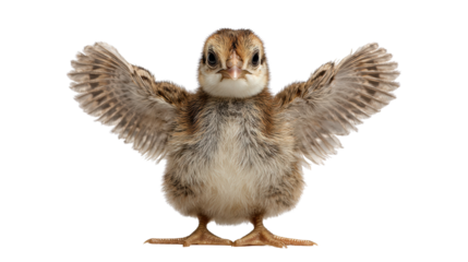 Charming chick with its wings spread wide, showcasing its fluffy feathers and curious nature, white isolate background.