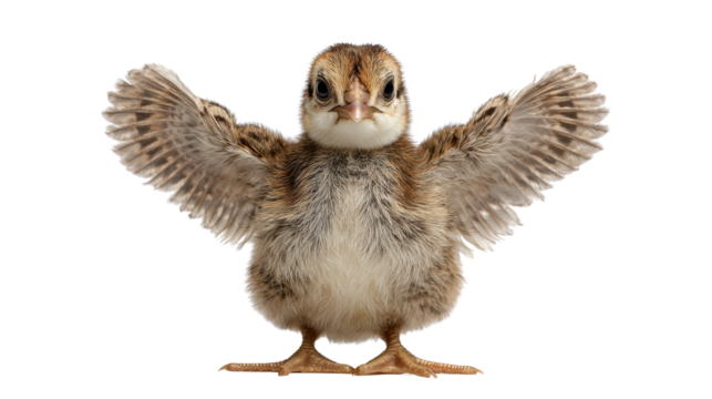 Charming chick with its wings spread wide, showcasing its fluffy feathers and curious nature, white isolate background.
