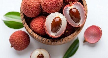 Fresh Juicy Lychees in Wooden Bowl.