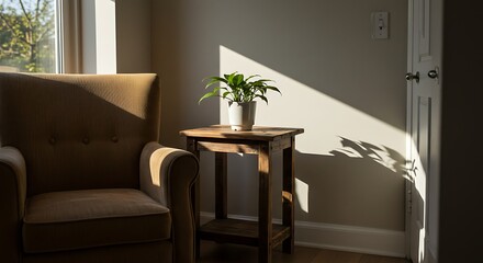 Sunlit Interior - Plant on Table, Cozy Armchair, Warm Light.