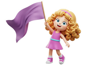Isolated cartoon girl waving a purple flag, a cheerful character for children media