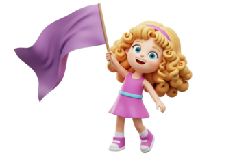 Isolated cartoon girl waving a purple flag, a cheerful character for children media