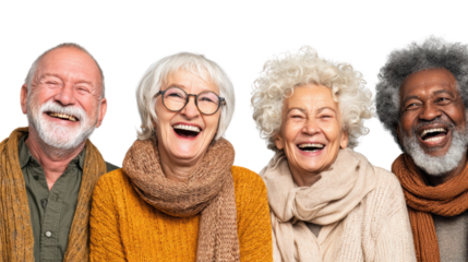 Cheerful elderly friends laughing together, isolated on white background.