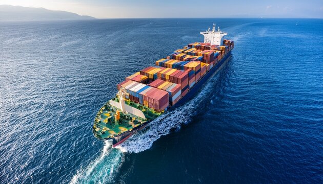 aerial view of a large cargo ship navigating deep blue waters laden with colorful shipping containers creating a vibrant contrast with the ocean ideal for maritime themes
