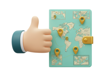 Isolated travel planning map with golden pins and a cartoon hand giving thumbs up review sign