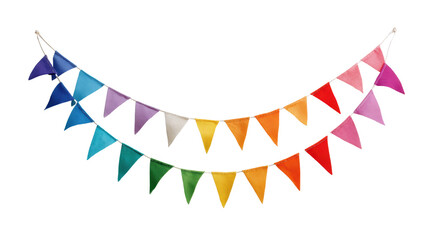 Obraz premium Colorful bunting flags in rainbow hues, perfect for festive celebrations and cheerful decor, on a white isolated background.