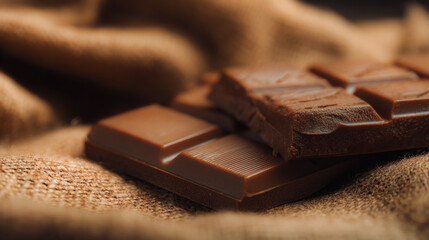 Close-up of a delicious dark chocolate bar dusted with cocoa powder. A close-up shot showcases a rich, dark chocolate bar, partially dusted with cocoa powder, resting on a rustic burlap cloth.