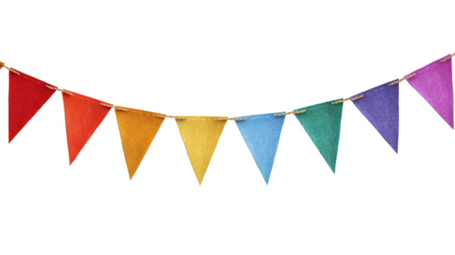 Colorful bunting flags in various shades hanging against a white background.