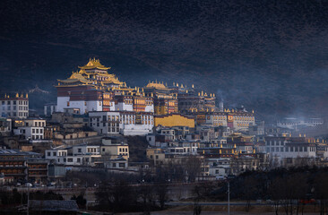 The sunrise view of Songzanlin Monastery in Shangri-La, Yunnan	