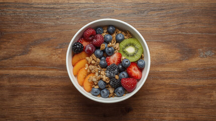 Vibrant breakfast bowl filled with fresh fruits, granola, and yogurt, showcasing colorful array of berries and sliced kiwi. Perfect for healthy