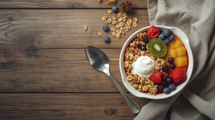 Healthy breakfast bowl featuring fresh fruits, granola, and yogurt wooden table, surrounded by natural light, evokes sense of freshness