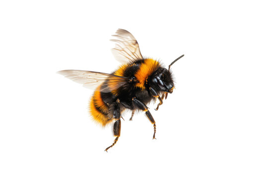 Isolated fuzzy bumblebee in flight, furry body with orange and black stripes, winged insect