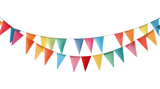Colorful decorative bunting flags on a white background, perfect for celebrations and festive occasions.