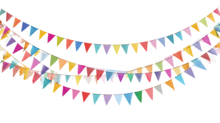 Colorful festive bunting flags hanging, bright celebration decoration, isolated on white background.