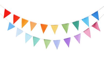 Colorful festive bunting flags hanging, perfect for celebrations and parties, isolated on white background.