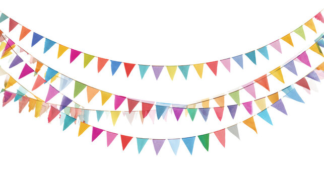 Colorful festive bunting flags hanging, bright celebration decoration, isolated on white background.