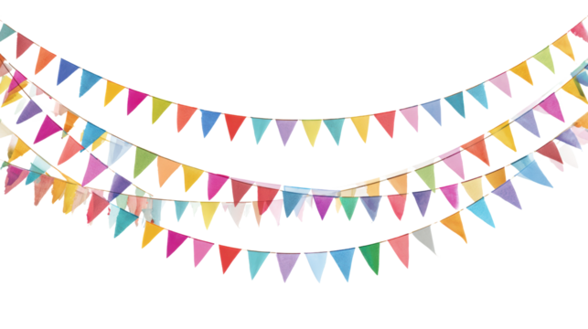 Colorful festive bunting flags hanging, bright celebration decoration, isolated on white background.