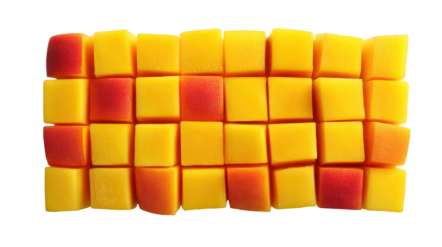 Freshly cut mango cubes arranged in a grid isolated on transparent background