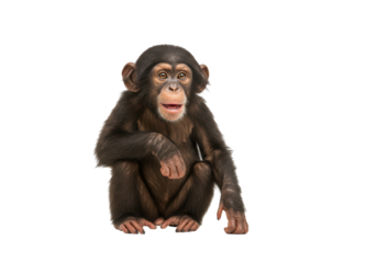 Isolated Chimpanzee sitting with open mouth, looking at camera, in full view, primate