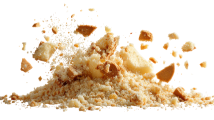 Explosion of breadcrumbs and crust pieces isolated on transparent background