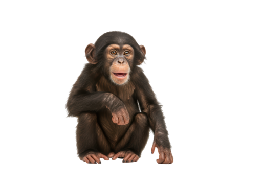 Isolated Chimpanzee sitting with open mouth, looking at camera, in full view, primate