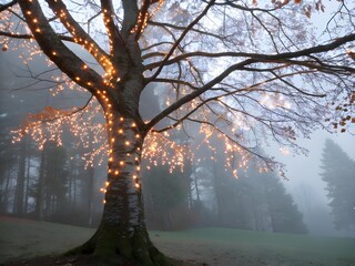 Bare tree decorated with warm lights in foggy forest