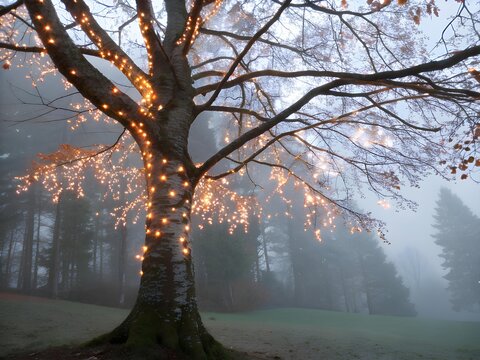 Bare tree decorated with warm lights in foggy forest