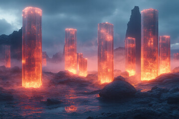 Lava flowing through a futuristic city.