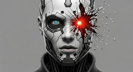 Futuristic Robot Face with Damaged Eye and Advanced Technology.