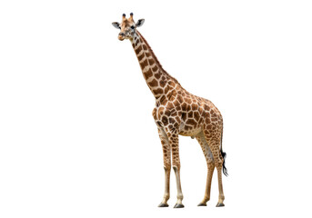 Obraz premium Isolated African giraffe, beautiful mammal with brown spots, long neck, standing full body