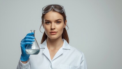 Fototapeta premium Beautiful scientist woman in lab coat holding flask chemical research science experiment laboratory analysis