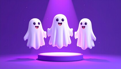 Three cartoon ghosts float in a purple-lit space&mdash;one above a glowing platform, others under spotlights, evoking playful mysticism, supernatural charm, and the whimsical rhythm of spectral presence.